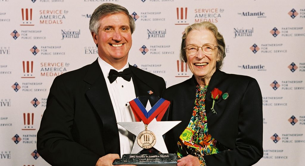 Former White House Chief of Staff, Andy Card, with 2002 Career Achievement Medal Recipient, Dr. Katharine Gebbie